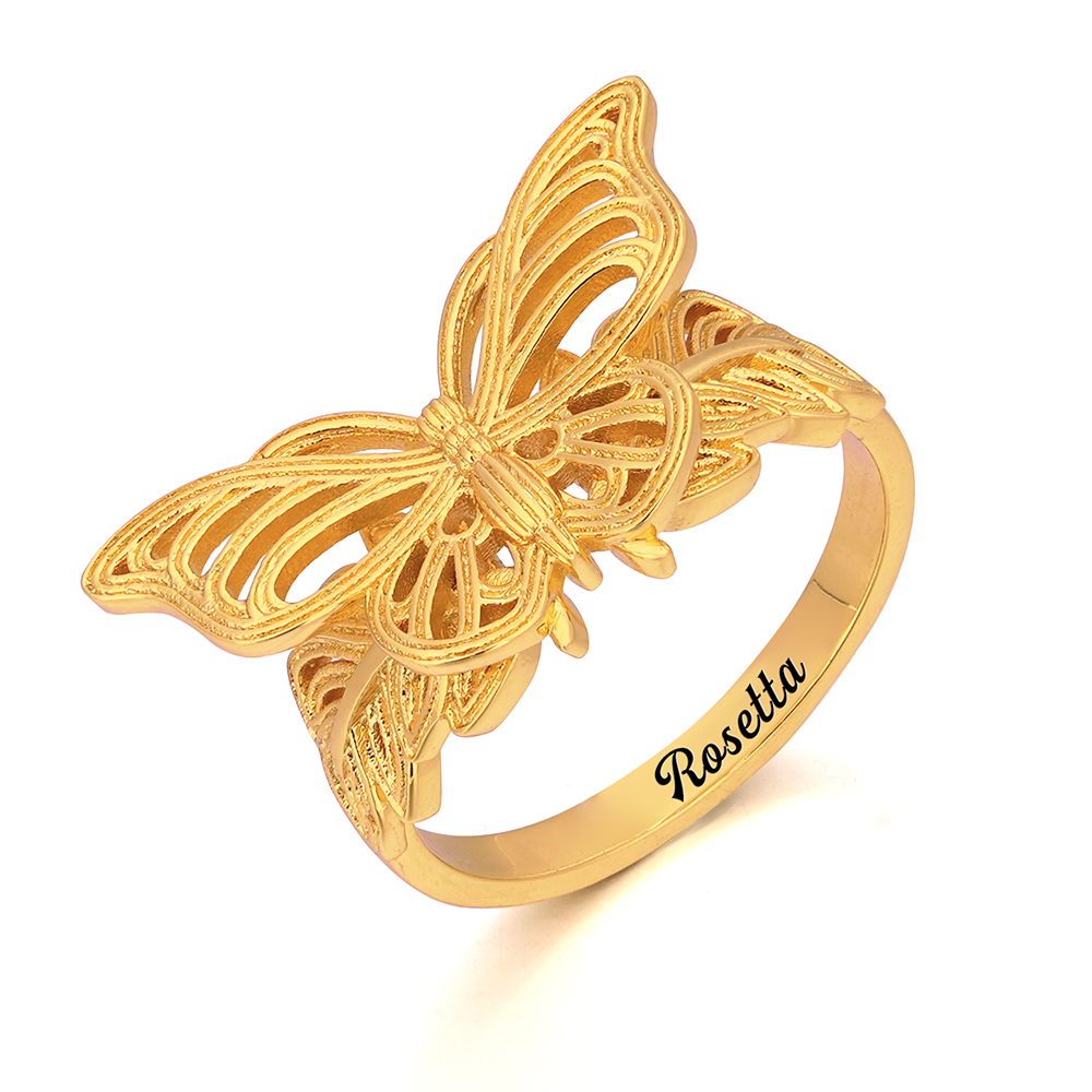 Leaf Butterfly Ring Personalized Gold Plated Engraved Ring