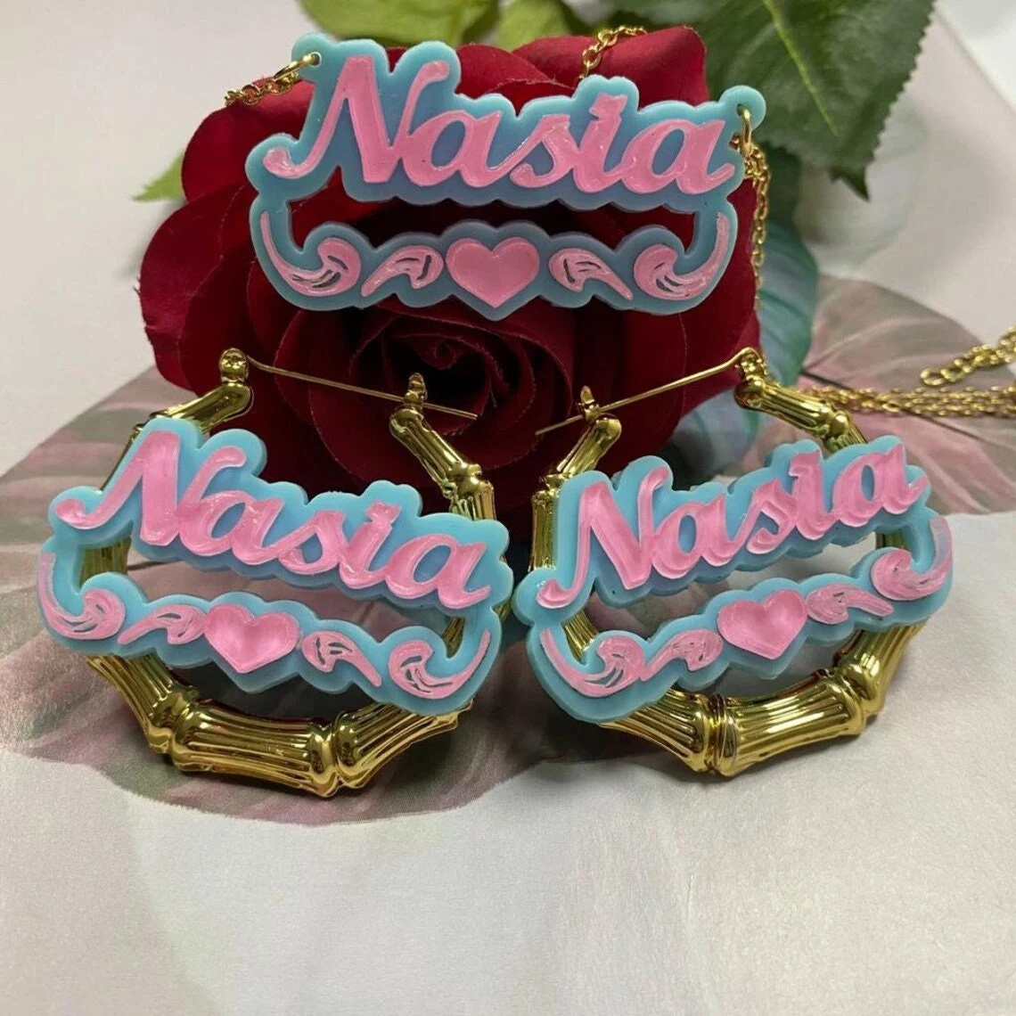 Acrylic Heart Pendant Personalized Name Necklace And Name Bracelet Set