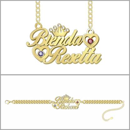 Two Names With Birthstones Personalized Name Necklace And Name Bracelet Couple Set