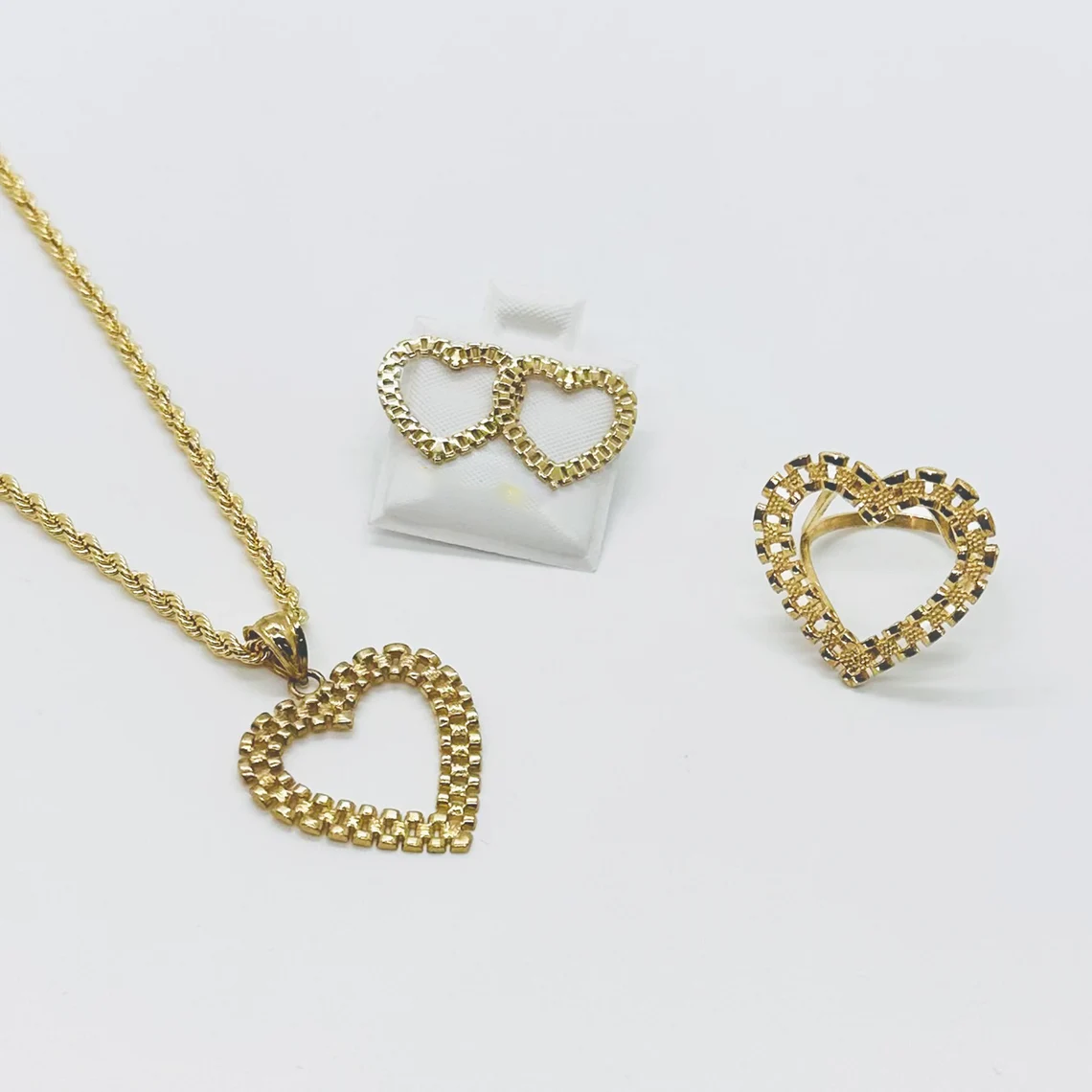 Diamond Cut Rolex Style Heart Frame Set Necklace Earrings And Ring