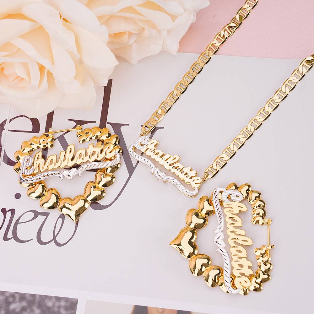 Double Layer Heart Pendant Personalized Name Necklace And Name Earrings Jewelry Set