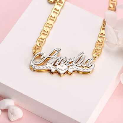 Mariner Chain Double Layer With Heart Pendant Personalized Name Necklace And Name Bracelet Set