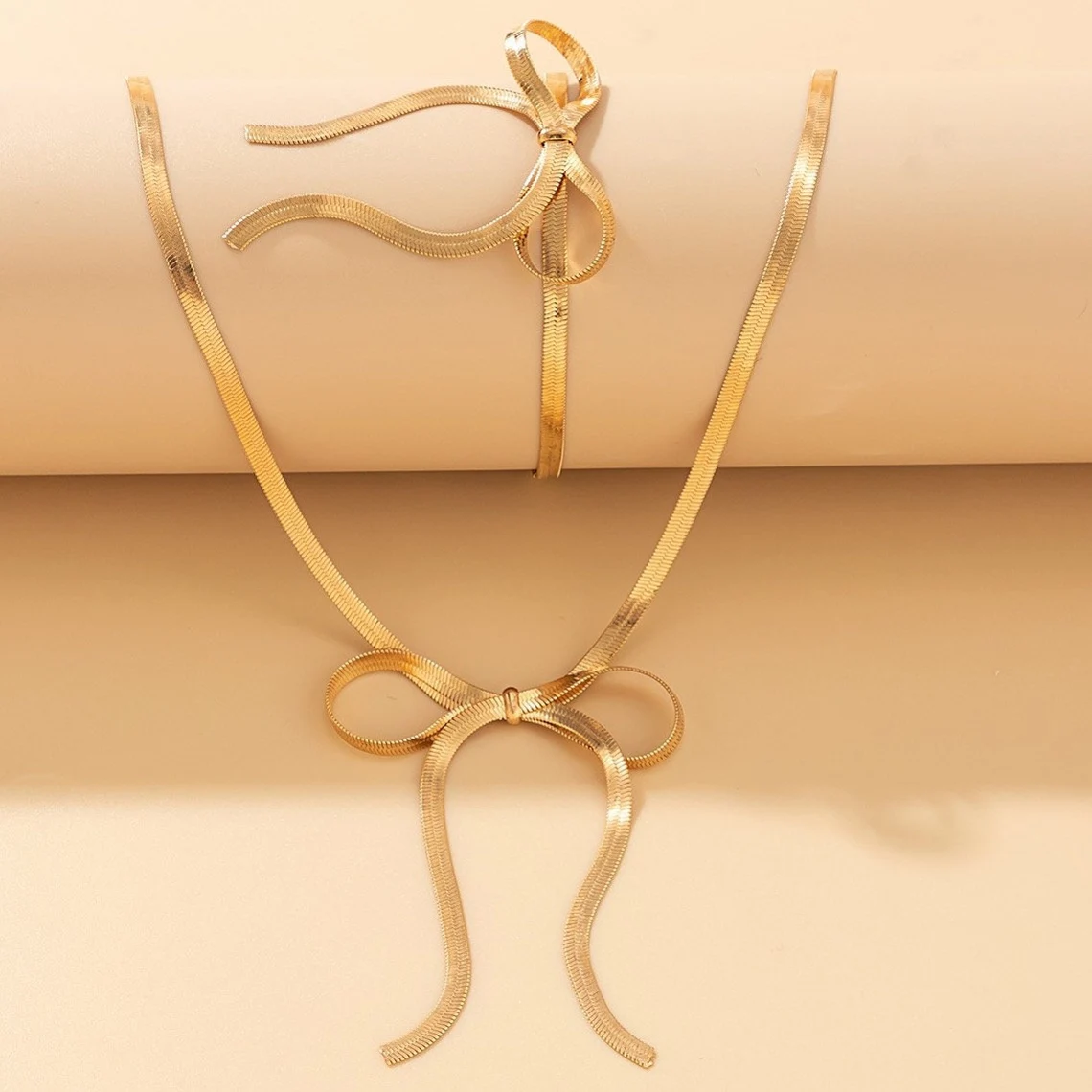 Bow Knot Pendant Necklace And Bracelet Gold Plated Jewelry Set