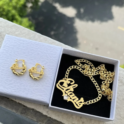 Heart Pendant Personalized Birthstone Name Necklace And Hoop Earrings Jewelry Set