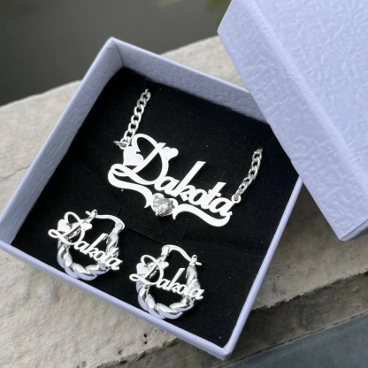 Heart Pendant Personalized Birthstone Name Necklace And Hoop Earrings Jewelry Set