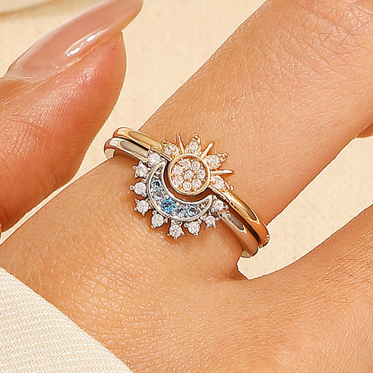 Sun And Moon Zircon Stone Silver Ring Set Custom Engraved Ring