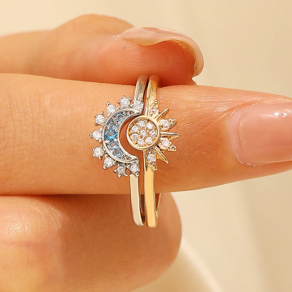 Sun And Moon Zircon Stone Silver Ring Set Custom Engraved Ring