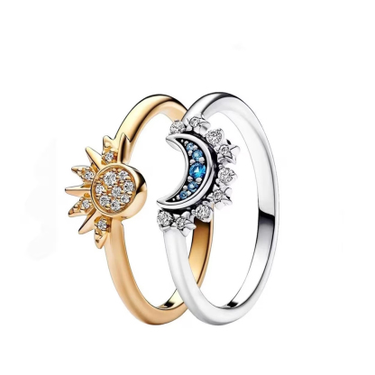 Sun And Moon Zircon Stone Silver Ring Set Custom Engraved Ring