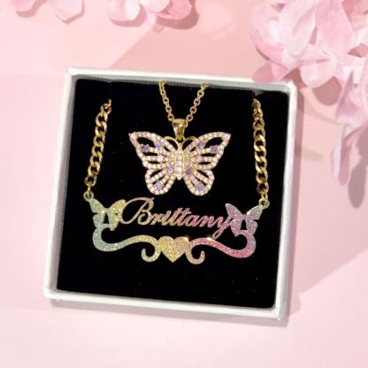 Personalized Colorful Butterfly With Heart Name Necklace And Zircon Butterfly Necklace Two Piece Set