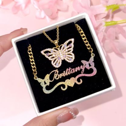 Personalized Colorful Butterfly With Heart Name Necklace And Zircon Butterfly Necklace Two Piece Set
