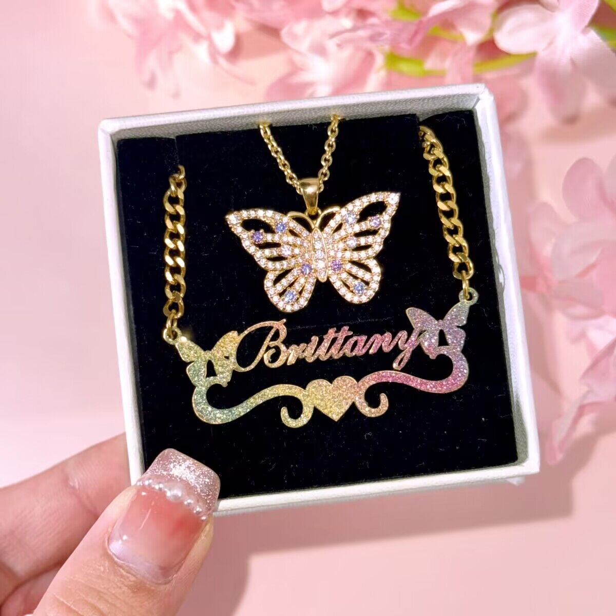 Personalized Colorful Butterfly With Heart Name Necklace And Zircon Bu