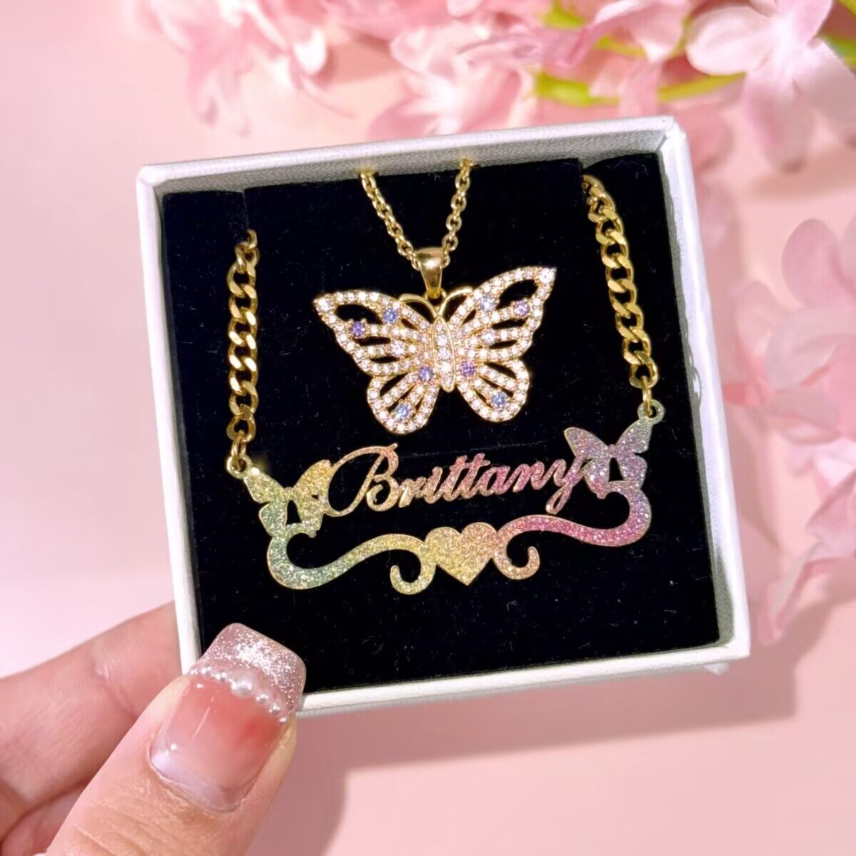 Personalized Colorful Butterfly With Heart Name Necklace And Zircon Butterfly Necklace Two Piece Set