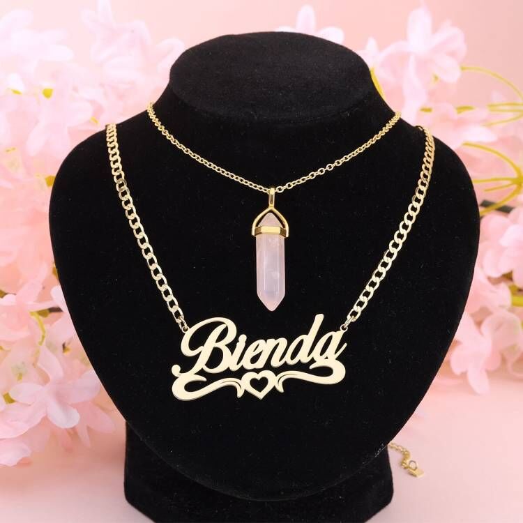 Personalized Heart Name Necklace And Pink Crystal Necklace