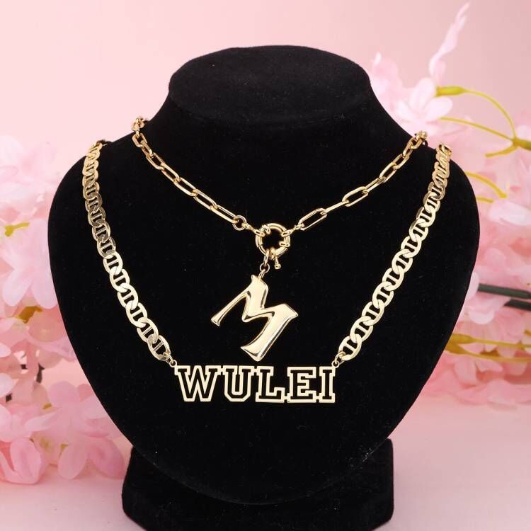 Personalized Hollow Name Necklace And Initial Letter Necklace 2pcs Set
