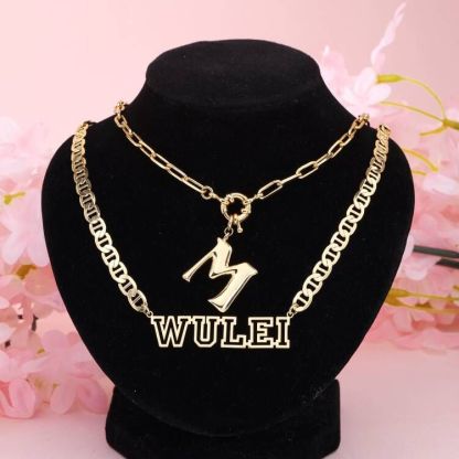 Personalized Hollow Name Necklace And Initial Letter Necklace 2 Pieces Set