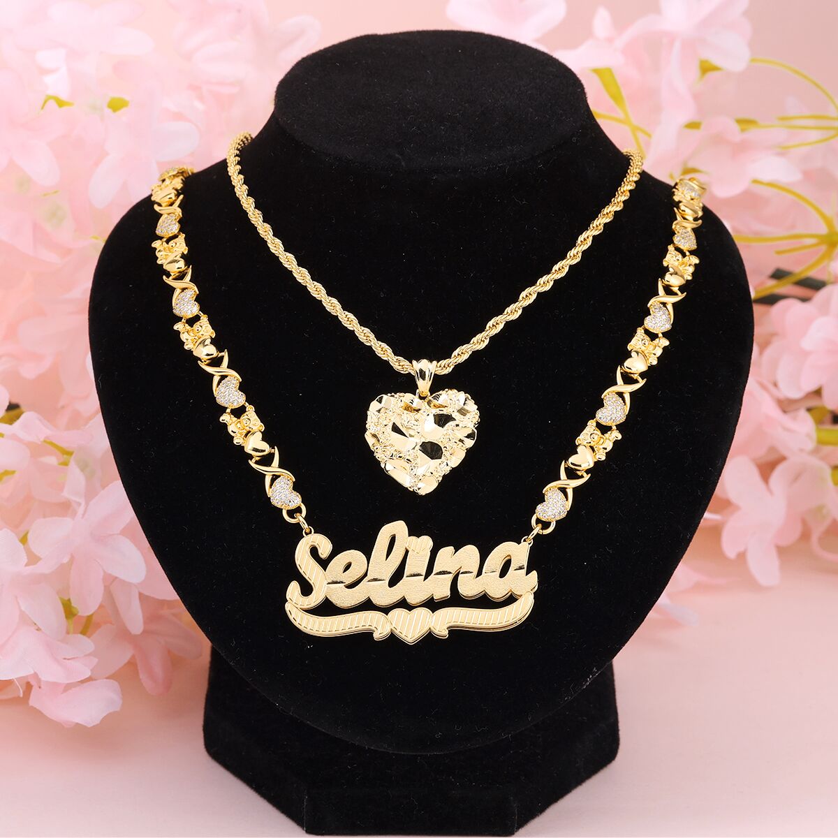XOXO Chain Double Layered Personalized Name Necklace And Nugget Necklace 2 Pieces Set