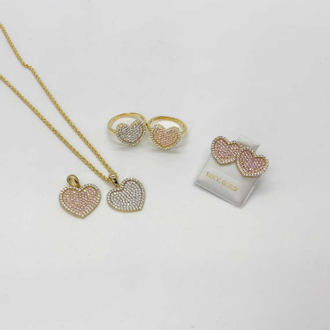 Gold Plated Love Heart Iced Out Pendant Necklace Ring And Stud Earrings 3 Piece Set