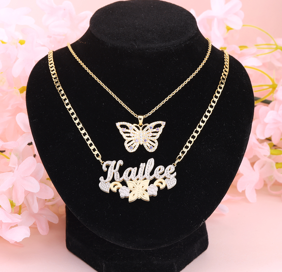 Butterfly Pendant Personalized Double Layer Name Necklace And Zircon Necklace 2 Piece Set