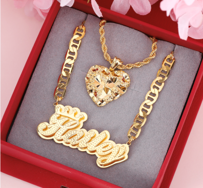 Personalized Crown Double Layer Name Necklace And Heart Nugget Necklace 2 Piece Set