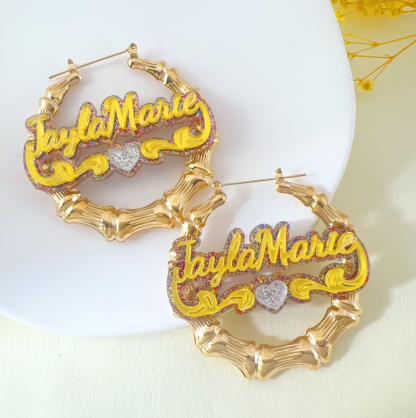 Acrylic Colorful Heart Pendant Personalized Name Necklace And Bamboo Hoop Earrings Jewelry Set