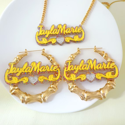 Acrylic Colorful Heart Pendant Personalized Name Necklace And Bamboo Hoop Earrings Jewelry Set