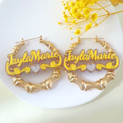 Acrylic Colorful Heart Pendant Personalized Name Necklace And Bamboo Hoop Earrings Jewelry Set