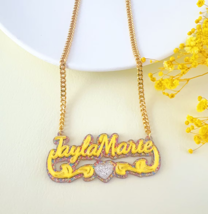Acrylic Colorful Heart Pendant Personalized Name Necklace And Bamboo Hoop Earrings Jewelry Set