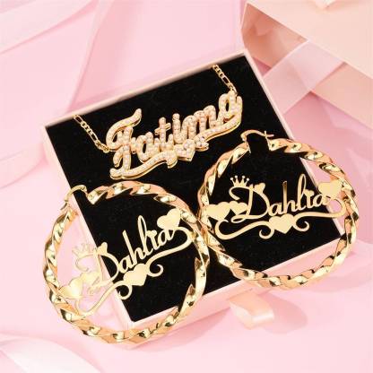 Heart Nameplated Personalized Double Layer Zircon Name Necklace And Crown Name Earrings 2 Piece Set