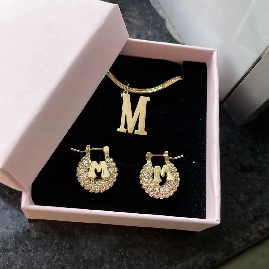 Initial Jewelry Set Personalized Initial Necklace And Initial Earrings