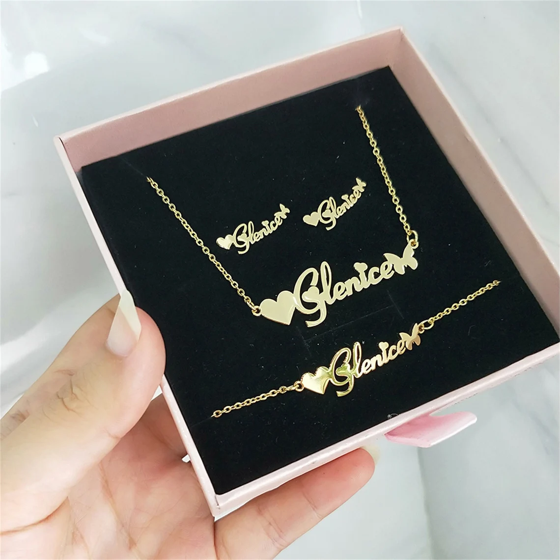 Heart Butterfly Nameplated Personalized Name Necklace Name Bracelet An