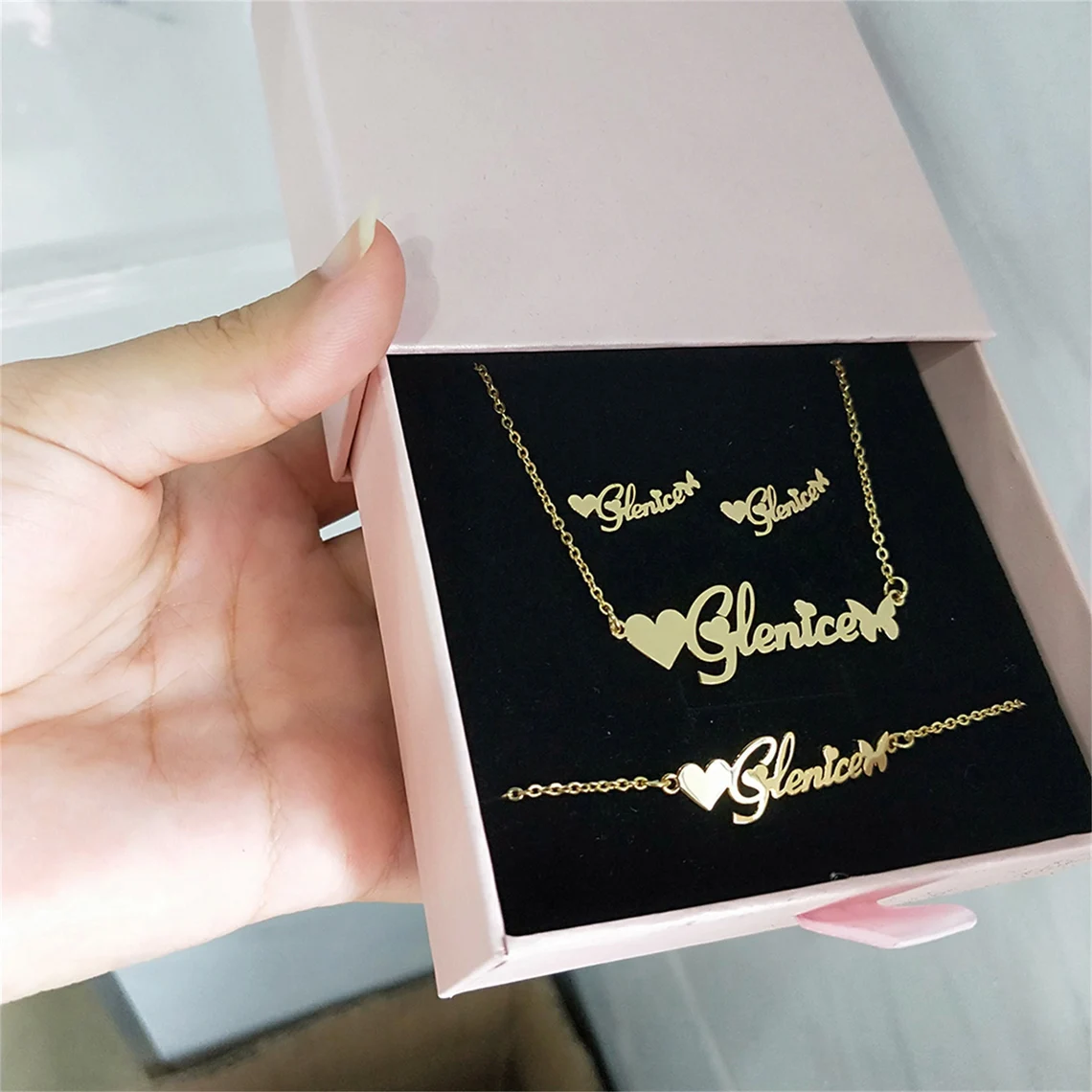 Heart Butterfly Nameplated Personalized Name Necklace Name Bracelet And Name Stud Earrings 3pcs Set