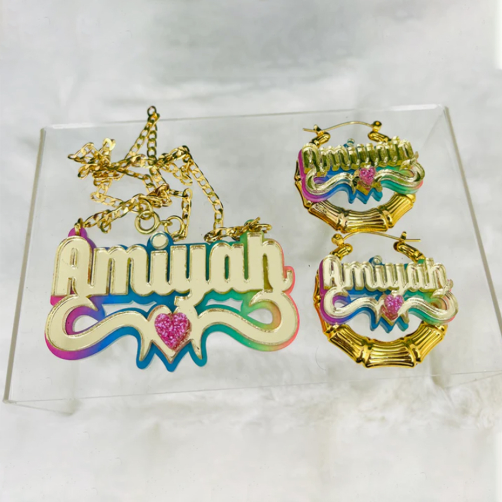 Acrylic Colorful Heart Pendant Jewelry Set Personalized Name Necklace
