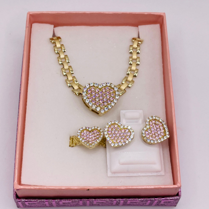 Rolex Style Heart Iced Out Pendant Necklace Ring And Stud Earrings 3 Piece Set 