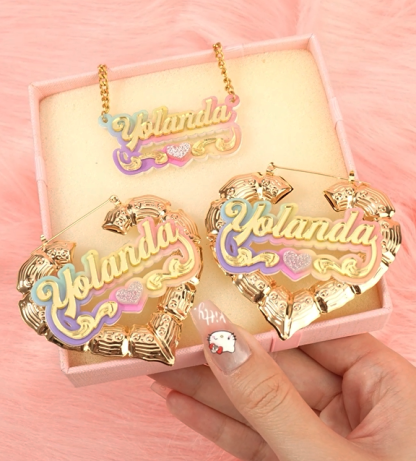 Acrylic Pink Nameplated With Heart Personalized Custom Name Necklace And Bamboo Earrings 2pcs Set