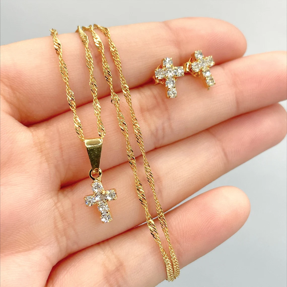 Cubic Zirconia Gold Plated Cross Charms Necklace And Stud Earrings Cross Jewelry Set