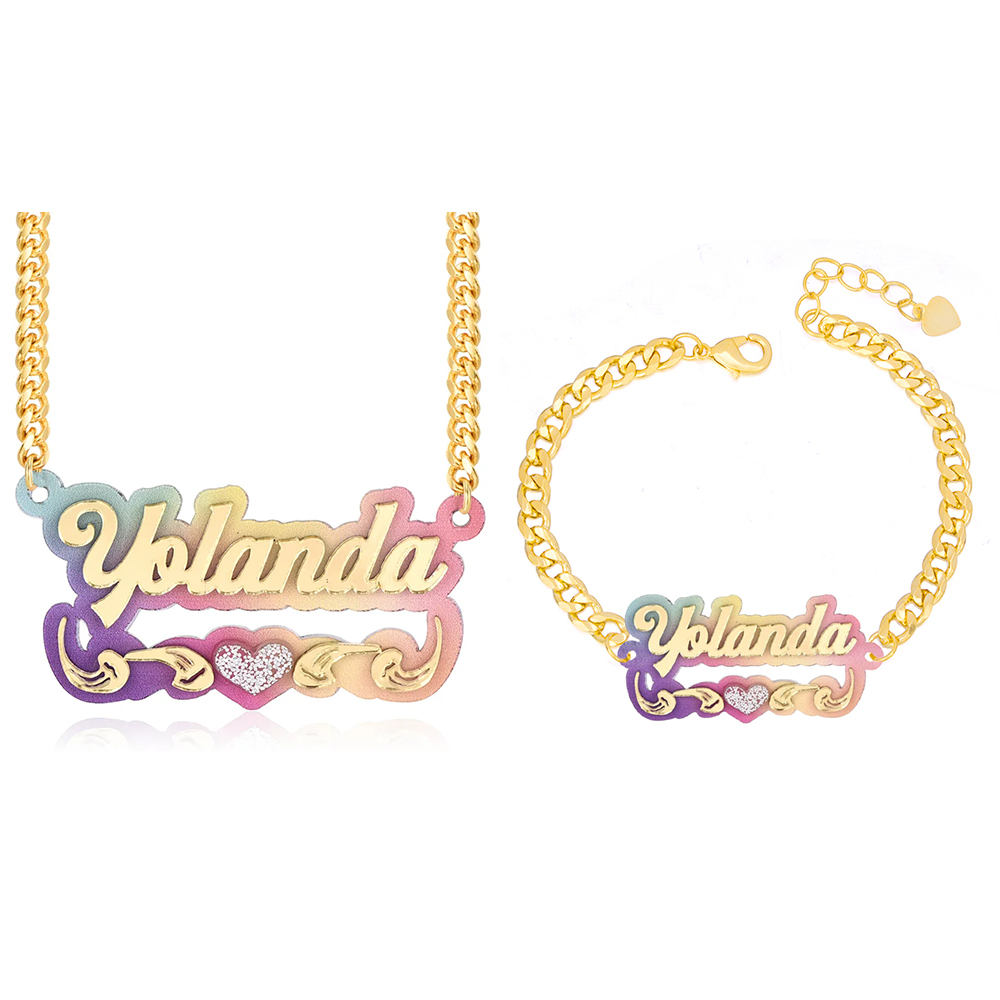 Acrylic Pink Heart Nameplated Personalized Name Necklace And Name Brac