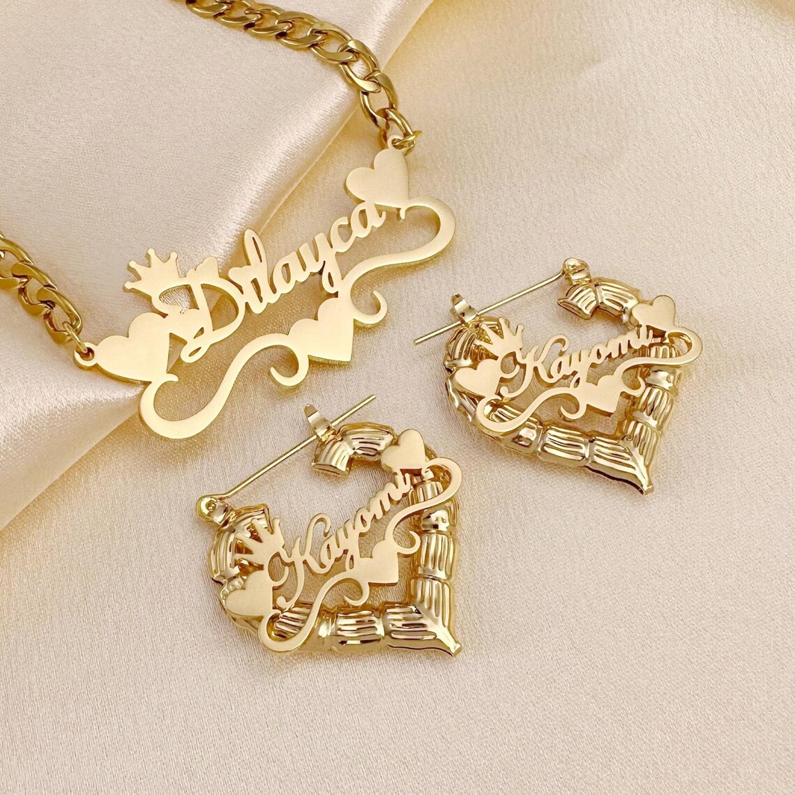 Crown Heart Nameplated Pendant Custom Name Necklace And Bamboo Earrings