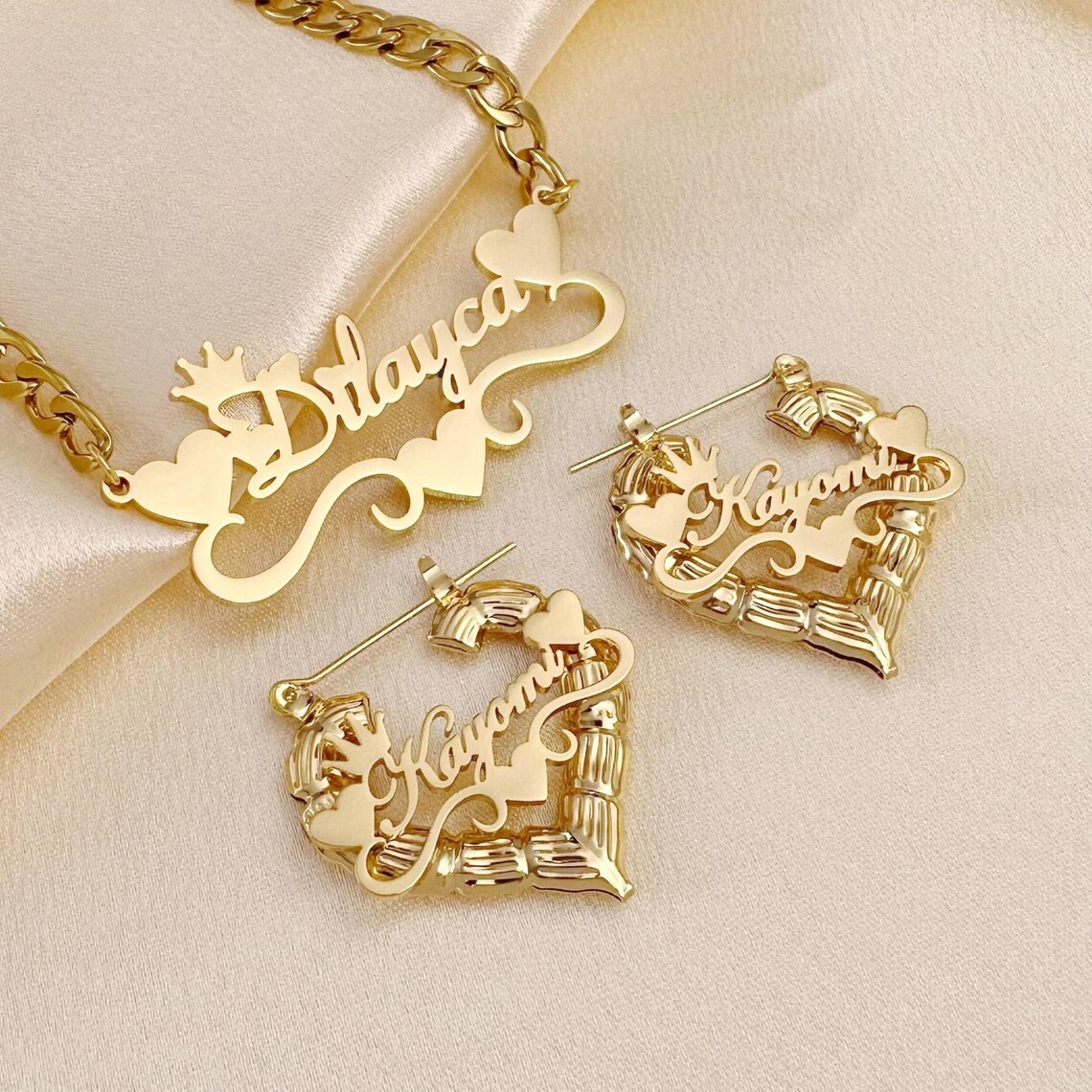Crown Heart Nameplated Pendant Custom Name Necklace And Bamboo Earrings