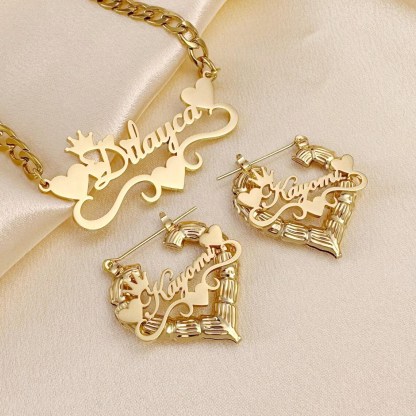 Crown Heart Nameplated Pendant Personalized Name Necklace And Bamboo Earrings 2pcs Set