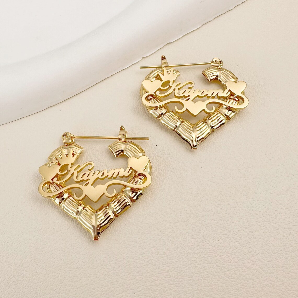 Crown Heart Nameplated Pendant Personalized Name Necklace And Bamboo Earrings 2pcs Set