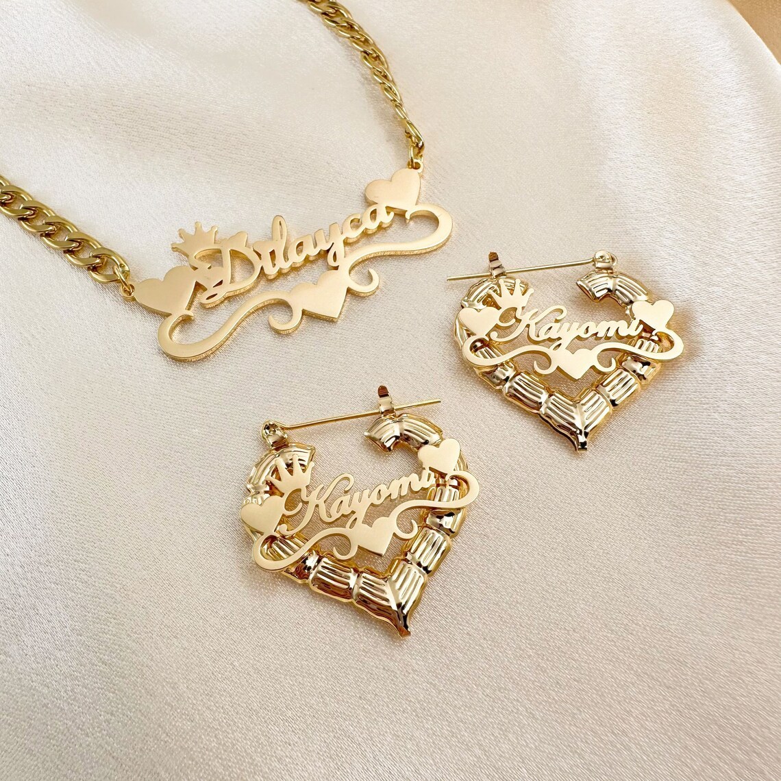 Crown Heart Nameplated Pendant Personalized Name Necklace And Bamboo Earrings 2pcs Set