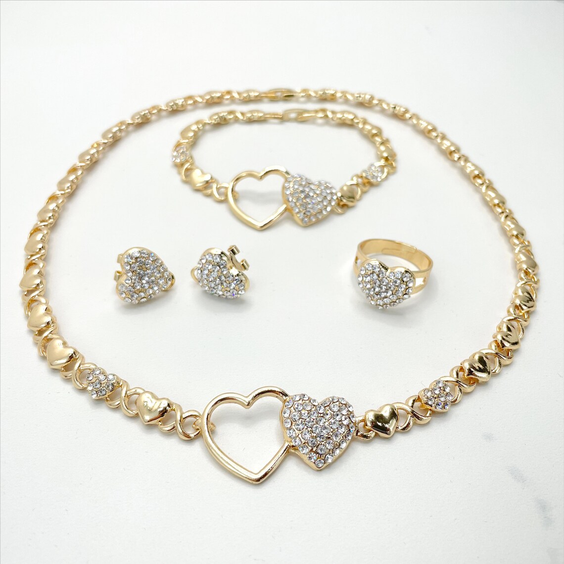 Cubic Zirconia Double Hearts with XoXo Chain Necklace Bracelet Ring Earrings Set