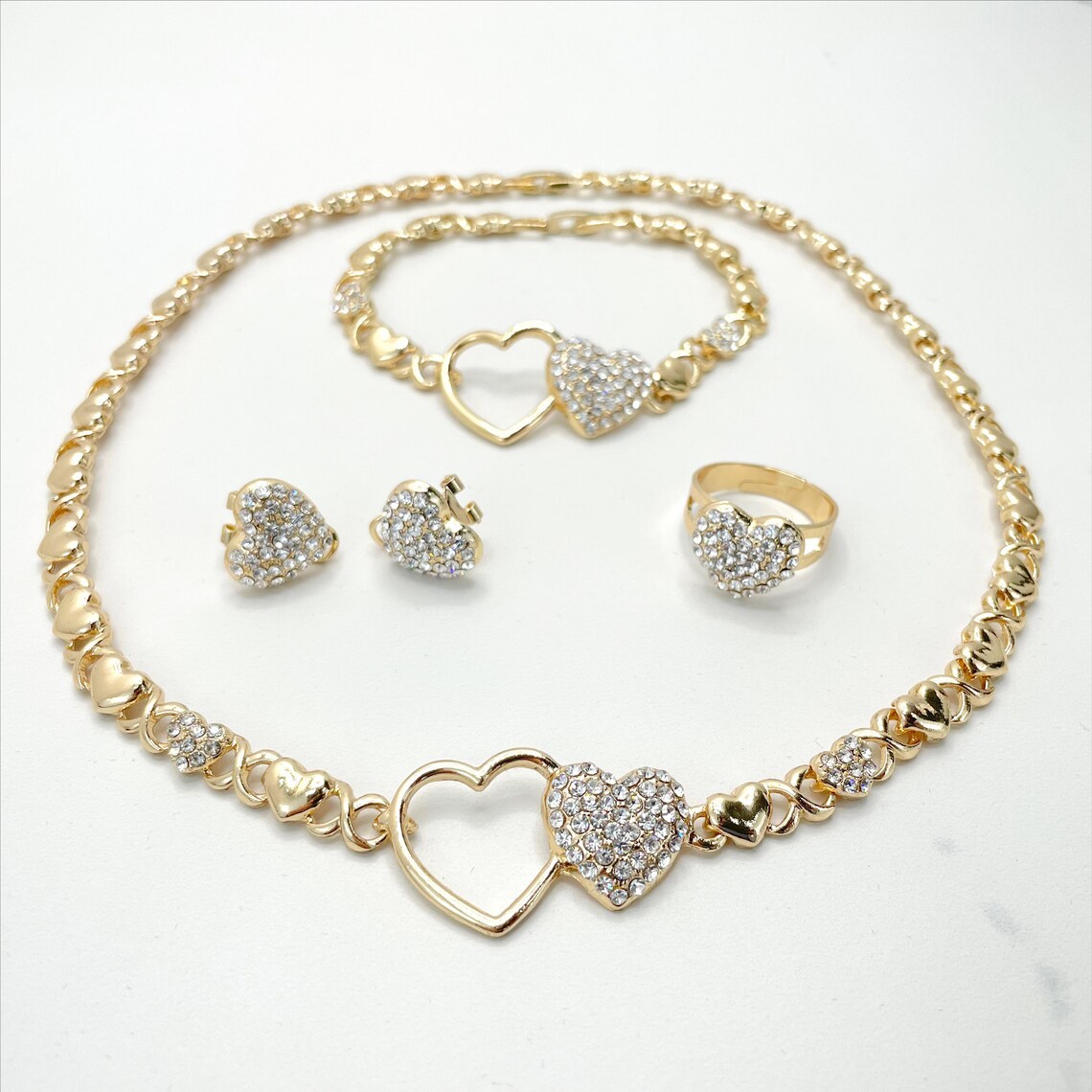 Cubic Zirconia Double Hearts with XoXo Chain Necklace Bracelet Ring Ea