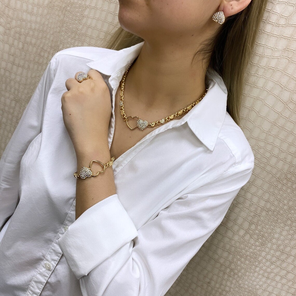 Cubic Zirconia Double Hearts with XoXo Chain Necklace Bracelet Ring Earrings Set