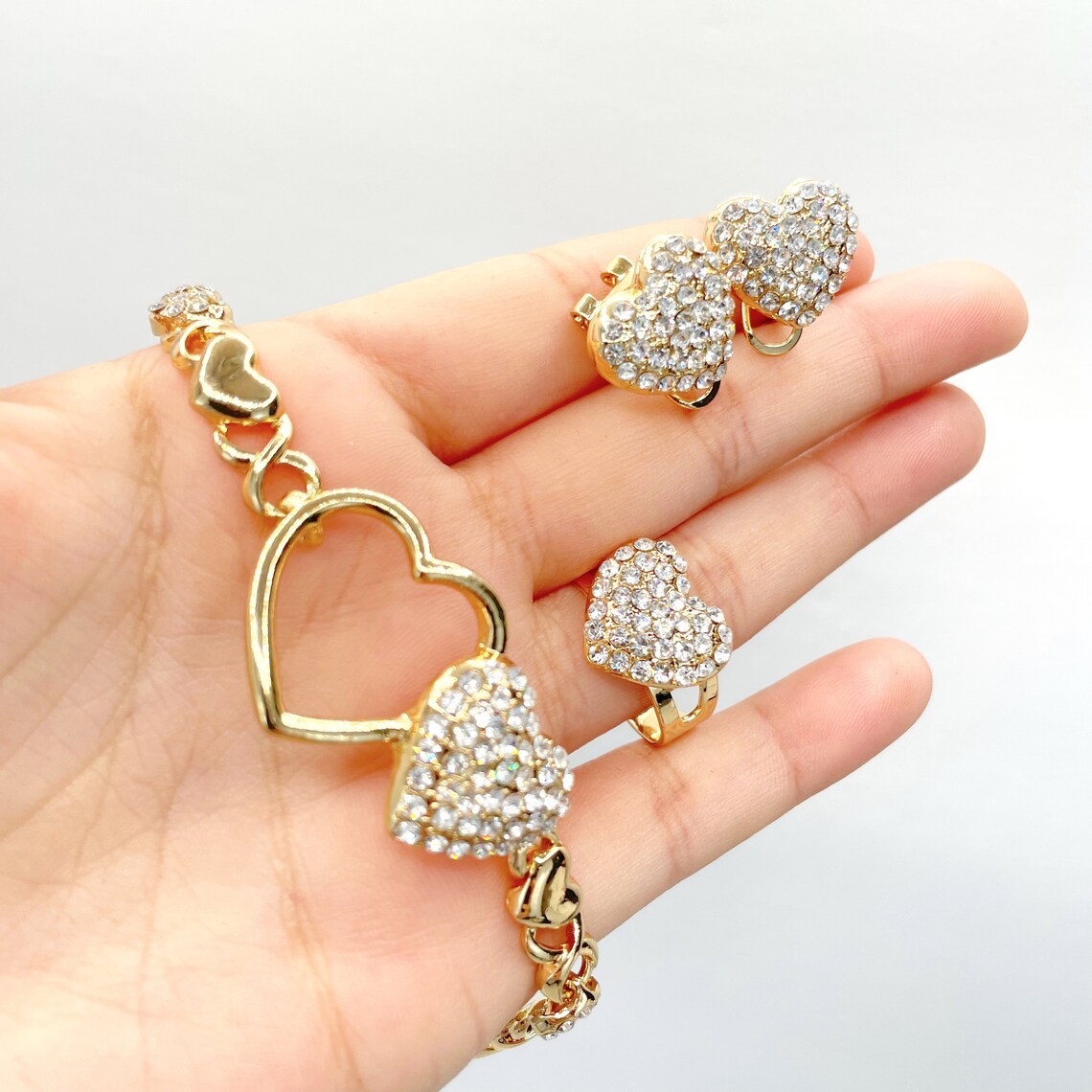 Cubic Zirconia Double Hearts with XoXo Chain Necklace Bracelet Ring Earrings Set