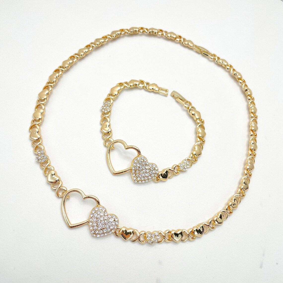 Cubic Zirconia Double Hearts with XoXo Chain Necklace Bracelet Ring Earrings Set