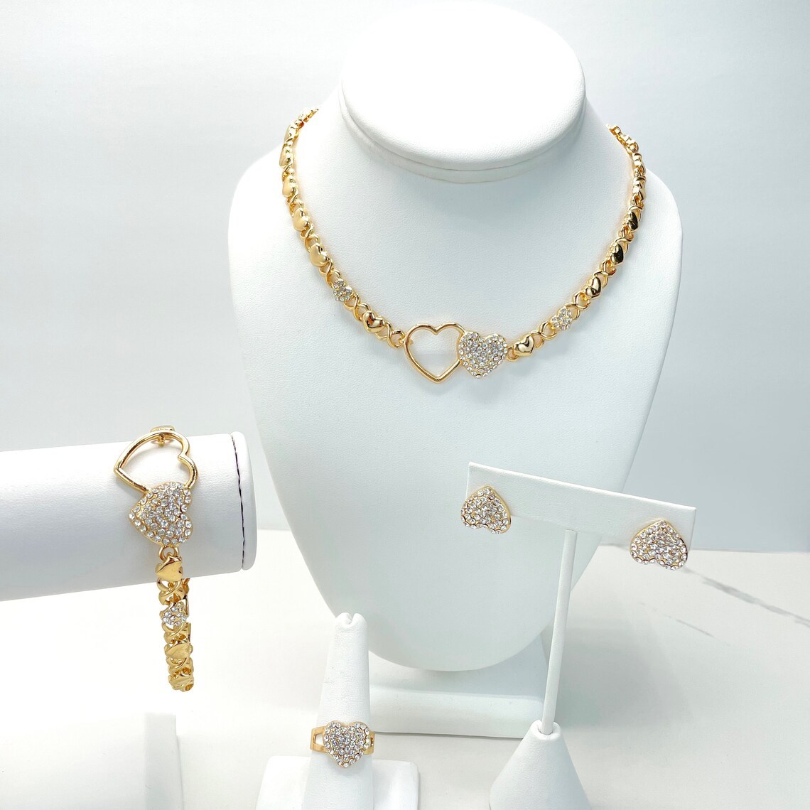 Cubic Zirconia Double Hearts with XoXo Chain Necklace Bracelet Ring Earrings Set