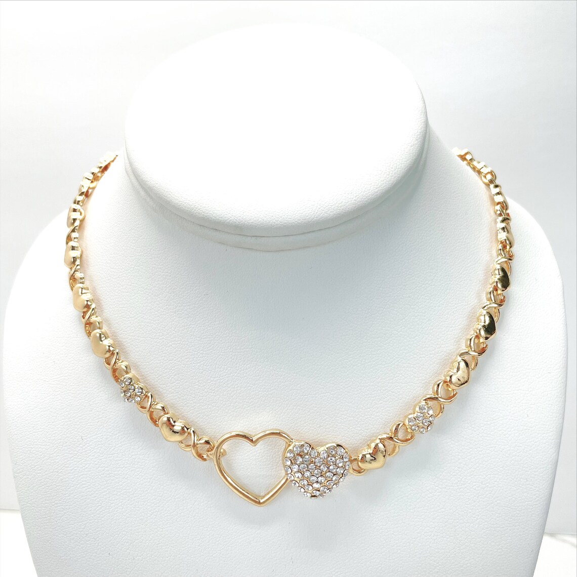 Cubic Zirconia Double Hearts with XoXo Chain Necklace Bracelet Ring Earrings Set