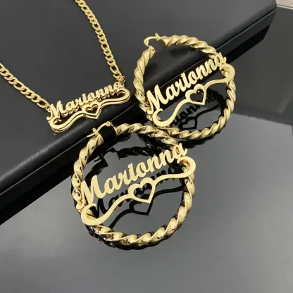 Heart Pendant Personalized Double Plated Name Necklace and Twist Hoop Name Earrings Jewelry Set