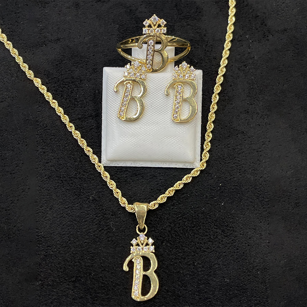 Zircon Crown Letter Pendant Personalized Initial Necklace Ring And Stu